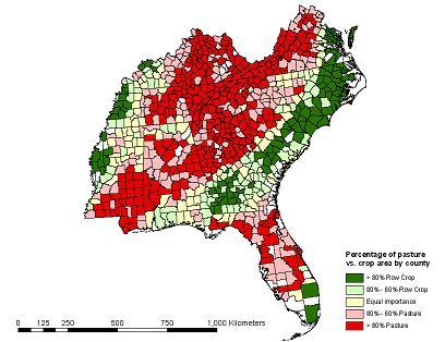 Map of relative percentage row crop to pasture for southeastern counties
