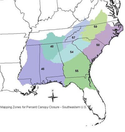 Mapping Zones for Southeast GAP Percent Canopy Closure.